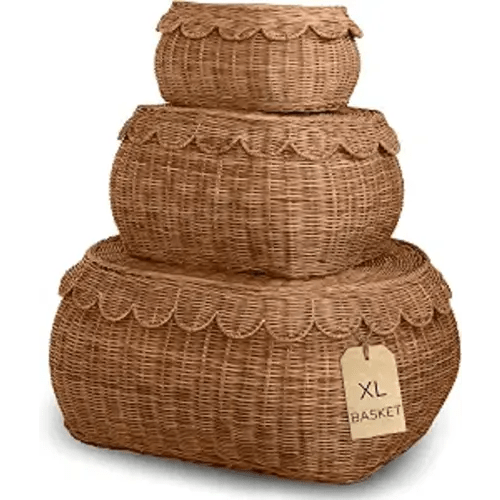 BEBE BASK Large Scalloped Basket Set Of 3 - Storage Basket 22 x 16 x 10 In