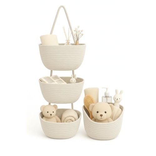Japanese Handmade Cotton Rope Hanging Basket Organizer – 3 Tier Wall boho Storage Organizer for Toys , Snacks & Décor – Eco-Friendly Coiled Weaving Craft, Housewarming & Shower Gift (White)