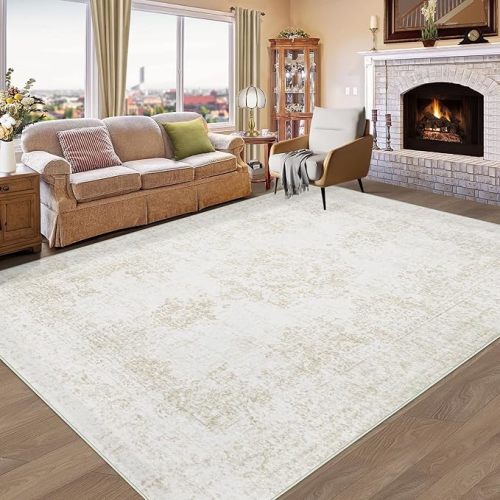 Vintage Living Room Area Rug - 6x9 Large Machine Washable Boho Area Rug Distressed Floral Rugs for Bedroom, Soft Non-Slip Indoor Floor Accent Rugs for Office Dining Room (Cream Beige, 6'x9')