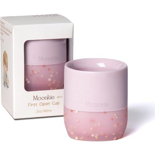 Moonkie Silicone Baby Cup 4 Months+ | Tiny Open Training Cup for Infants with Confetti Sprinkles | Baby-Led Weaning Essential | 2 oz (Soft Lilac, 1 Pack)