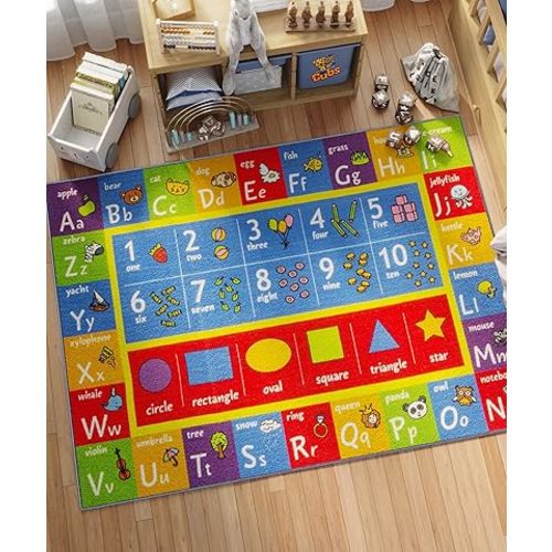 KC Cubs 5x7 ABC Alphabet, Numbers & Shapes Rug – Educational Non-Slip Play Mat Carpet for Kids, Toddlers, Nursery, Classroom, Playroom, Baby Daycare
