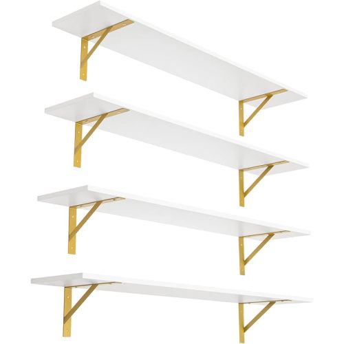 DINZI LVJ Long Wall Shelves, Set of 4, 47.3" Wall Mounted Shelves, Large Floating Shelves for Storage with Metal Brackets, for Living Room, Bathroom, Bedroom, Kitchen, White and Gold