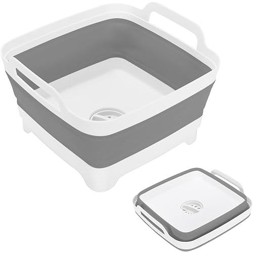 Collapsible Dish Basin, 2.4 Gallon Foldable Kitchen Sink with Drain Plug for Space-Saving Dish Washing, Vegetable & Baby Bottle Cleaning