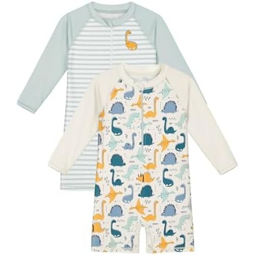 2 Pack Baby Boy Swimsuit UPF 50+ Long Sleeve One-Piece Rashguards Bathing Suit with Zipper & Snap Bottom for 3-24M