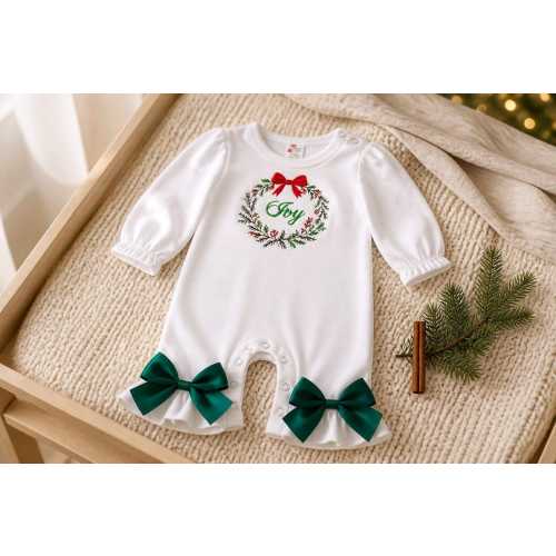Christmas Newborn Baby Girl Floral Wreath Romper • Joy Holiday Infant Outfit • Fall Photo Outfit