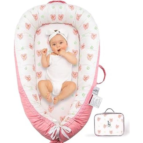 Baby Lounger for Newborn 0-24 Months – Breathable & Soft Baby Nest – Reversible, Lightweight & Portable Infant Lounger for Baby Girl & Boy - Baby Floor Seat for Home & Travel by Leosole (Blush Bear)