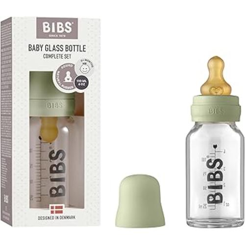 BIBS Baby Glass Bottle Complete Set 110 ml | BPA Free Natural Rubber | Made in Denmark | Sage