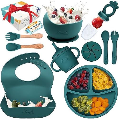 Silicone Baby Feeding Set, 10 Pcs Baby Led Weaning Supplies | Baby Eating Essentials with Toddler Plates and Bowls Set, Silicone Bib, Suction Cup, Spoons & Forks | Empower Independence – Green