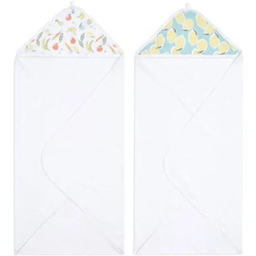 aden + anais Essentials Hooded Baby Bath Towel, Super Soft 100% Cotton, 2 Pack, Farm to Table