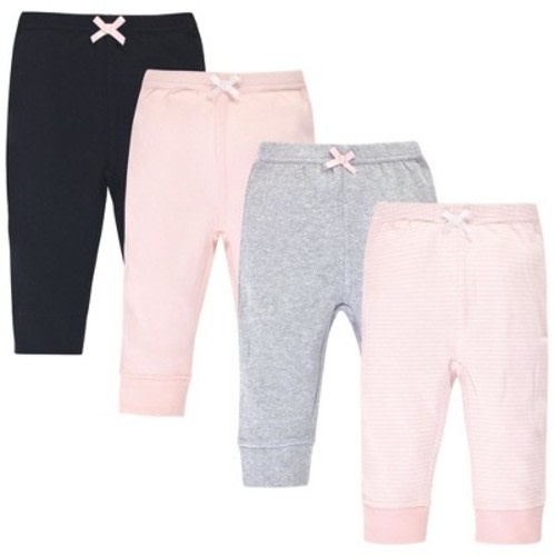 Touched by Nature Baby and Toddler Girl Organic Cotton Pants 4pk, Black Lt. Pink Stripe, 9-12 Months