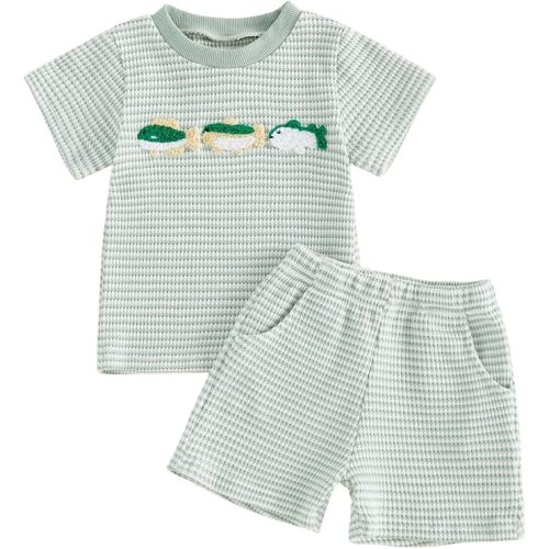 Baby Boy Summer Clothes Toddler Hunting Outfit Mallard Duck Short Sleeve T-shirt and Shorts Waffle Striped Sets