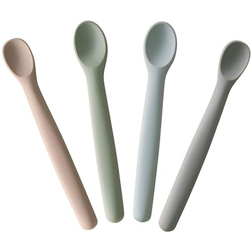 Moonkie Silicone Baby Spoons Set of 4, Toddler Spoons for Self Feeding 6 Months, Two Sizes Feeding Spoons for First Stage 4+ Months, Infant, Baby Utensils with Case, Bendable, Chewproof & Boil-proof