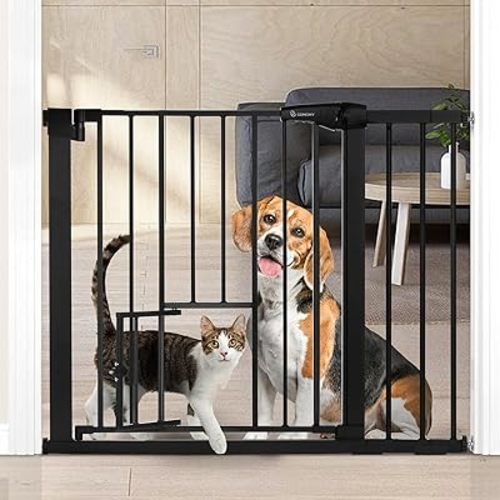 COMOMY Auto Close Baby Gate with Cat Door, 29.5"-40.5" Extra Wide Dog Gate for House Doorways Stairs, Pressure Mounted Easy Walk Thru Pet Gate, Includes 4 Wall Cups and 2 Extension Pieces, Black