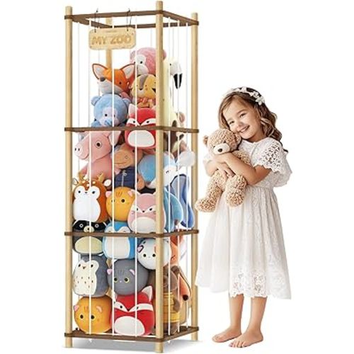 Stuffed Animal Storage, Two-Tone Wood Toy Storage, Space Save Zoo Toy Organizer, Large Capacity Stuffed Animal Holder for Toddler, Gift for Playroom Bedroom Nursery, WJJ-S1