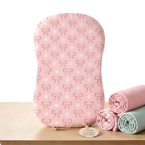 3 Pack Muslin Baby Lounger Cover Compatible with Snuggle Me-Pink Bow | Covers Only,100% Cotton,30.7" x 20", Soft Cotton Infant Slipcover Replacement for Baby Nest,Envelope Closure,Water-Resistant