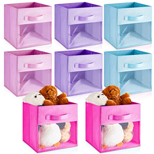 Marsui 8 Pcs Cube Storage Bins with Clear Window 11'' Daycare Storage Cube Organizer Bins for Closet Kid Nursery Playroom with Handle Fabric Collapsible Storage Cubes(Blue, Purple, Rose, Pink)