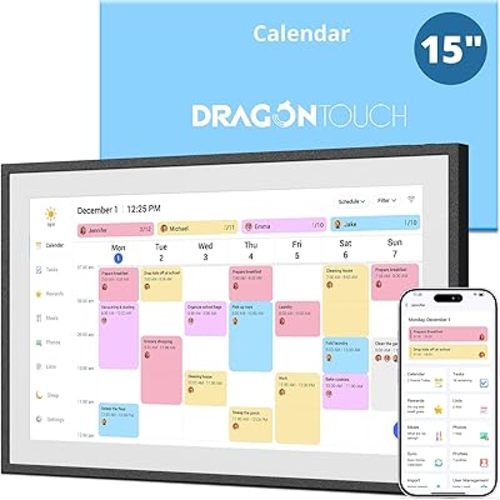 Dragon Touch 15.6" Digital Calendar Chore Chart – 1080P Full HD Interactive Touchscreen, Smart Family Planner, Hearth Display Digital Calendar Wall & Desk Mountable for Seamless Scheduling Black