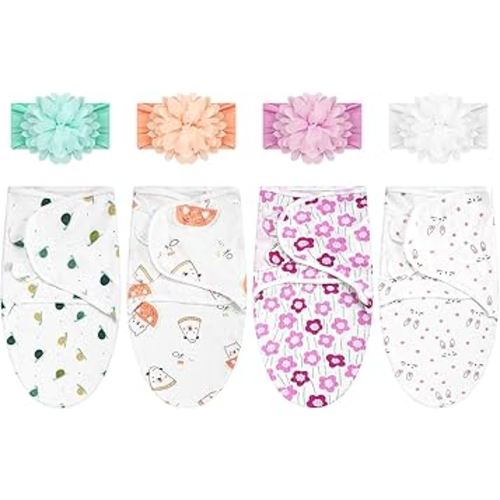 4 Pack Newborn Preemie Swaddle with Headband Set Premature Swaddle Blanket Baby Clothes for Nicu Newborn Boys Girls(Preemie,Flower Style)