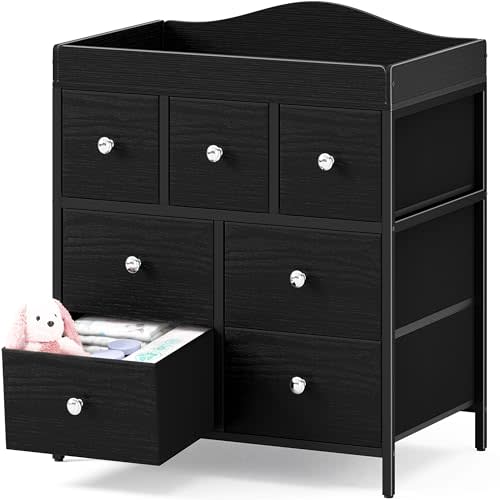 BOLUO Changing Table Dresser with Storage, Baby Dresser with Changing Table Top Diaper Changing Station with 7 Fabric Drawers for Nursery Modern