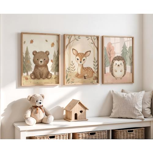 Woodland Creatures Nursery Wall Art Set of 3 Prints, Baby Animal Kids Room Decor