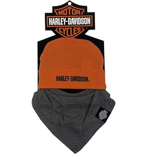 Harley-Davidson Baby Boys' 2 Pack Newborn Beanie & Handkerchief Set, Gray/Orange