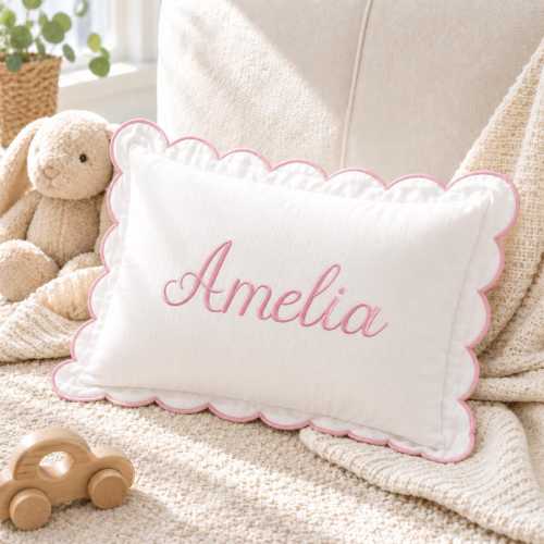 Custom Embroidered Monogram Pillowcase, Personalized Name Scalloped Cushion, Nursery & Dorm Room Decor, Slumber Party Gift, Baby Shower Gift
