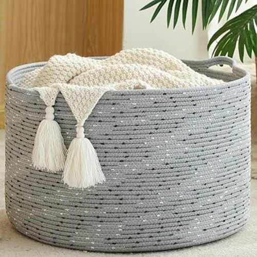 KAKAMAY Large Blanket Basket (20"x13"),Woven Baskets for storage Baby Laundry Hamper, Cotton Rope Blanket Basket for Living Room, Laundry, Nursery, Pillows, Grey with Blue & Brown Dotted