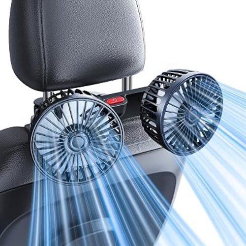 Dual-Head Rear Seat Car Fan, Powerful Airflow, 360° Rotation, Blows Both Left & Right, Adjustable Angle, Perfect for Pets, Front & Back Seats, USB & 12V/24V Powered