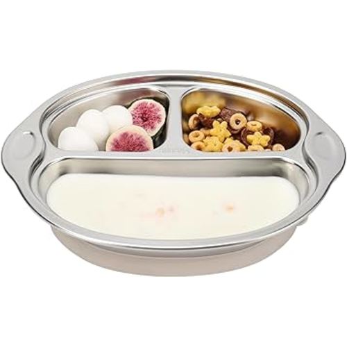 MR. CHOU Baby Plates with Suction - Stainless Steel Divided Toddler Plates, Compartment Suction Plate for High Chair, Baby Led Weaning & Self Feeding, Dishwasher Safe, BPA Free (Beige)