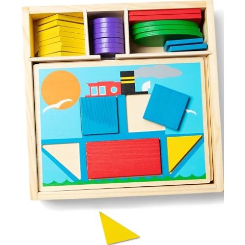 Melissa & Doug Beginner Wooden Pattern Blocks Educational Toy with 5 Double-Sided Scenes and 30 Shapes Puzzles for Kids 3+