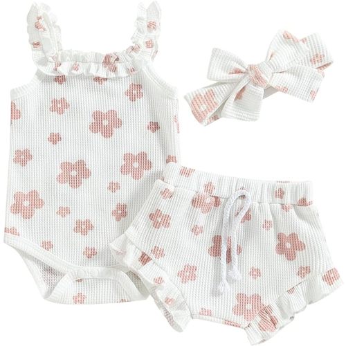 Newborn Infant Baby Girl Summer Clothes Outfits Set Floral Print Romper Tops Drawstring Short Headband Clothes Set