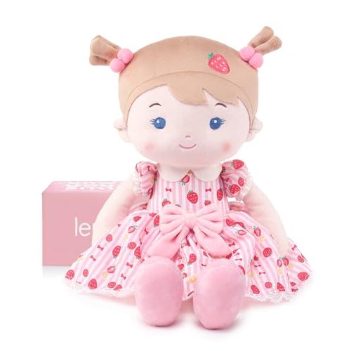 LeyaDoll Soft Baby Doll Toys (16''), My First Baby Rag Doll for 1 Year-Old Girl Birthday Gift, Christmas Plush Toys Gift for Toddler Kids Infants-Strawberry-Girl