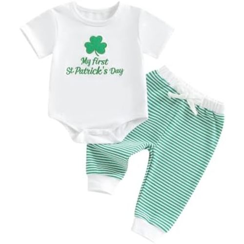 FIOMVA Newborn Baby Boy St.Patricks Day Outfit My First St Patricks Day Romper Onesie+Striped Long Pants 2Pcs Set
