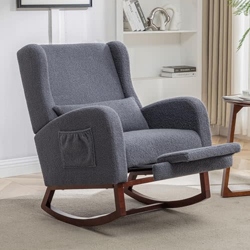 HCHAIRH Rocking Chair Nursery,Teddy Nursery Rocking Chairs with Foot Rest, Sherpa Glider Rocker Nursing Chair with High Back for Nursing, Living Room, Bedroom, Dark Grey