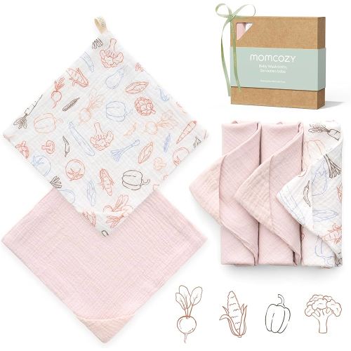 Momcozy Soft & Absorbent Baby Washcloths - 4 Layer Design| Medium Thickness| Premium Cotton for Newborns' Skin-Great for Bathing, Wiping & on-The-go Use, Shower Gift and Essential(5 Pack, 10x10 inch)