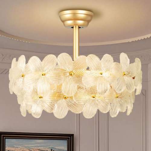 22 in. Indoor Gold Glass Flower Ceiling Fan with Light, Caged Fandelier with Remote Control, 6-Speeds for Bedroom