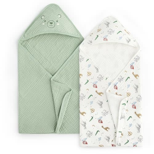 david's kids 2 Pack Hooded Baby Towels, Large 32"x32", 6 Layer 100% Muslin Cotton Highly Absorbent Boy Girl Bath Towel for Newborn, Infant, Toddler, Ultra Soft and Breathable Baby Essentials, Animals