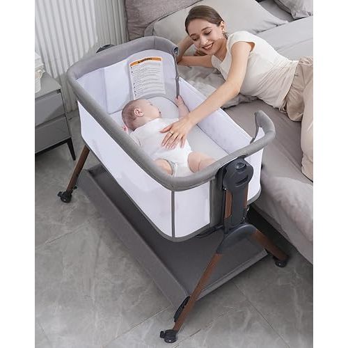 Baby Bassinet - Bassinet Bedside Sleeper,3-in-1 Bedside Bassinets for Baby,Rocking Bassinet with Mattress,Wheels,All Mesh Sides& Storage,6 Height Adjustable Crib,ASTM Certified(Mesh Grey)