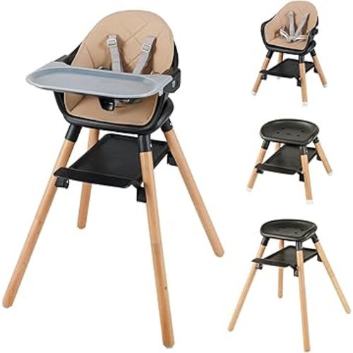 BABY JOY Baby High Chair, 6 in 1 Convertible Wooden High Chair for Babies & Toddlers with Adjustable Legs, Double Removable Tray, Safety Harness & Waterproof PU Cushion (Coffee)