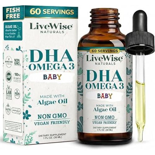LiveWise Naturals Omega 3 DHA Baby Drops - Vegan Liquid Omega 3 for Babies, or Infants up to 2 Years Old - Essential DHA Supplement for Baby Brain, Eye & Immune Health