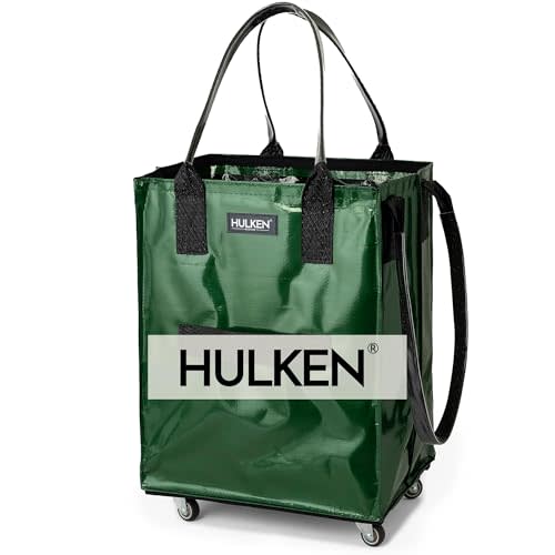 HULKEN - Medium Forest Green, Reusable Grocery Bag On Wheels, Holds 66 lb | Smart Fold, Elastic Closure, Fits 3 Grocery Bags, Unbreakable Handles, Lightweight.The OG Rolling Tote