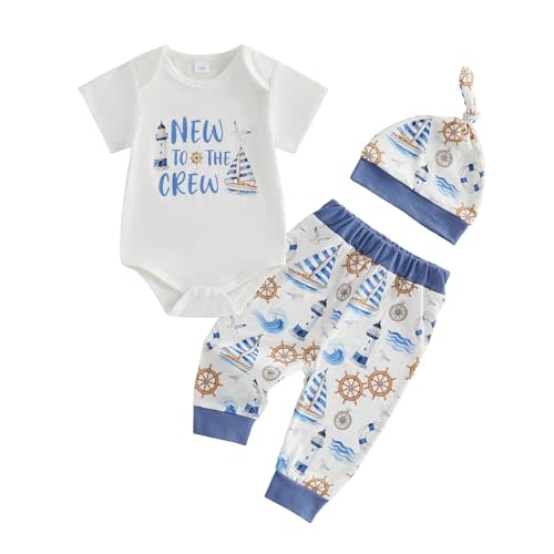 Sasaerucure Newborn Baby Boy Summer Clothes New to The Crew Nautical Short Sleeve Romper and Pants Sail Theme Outfit
