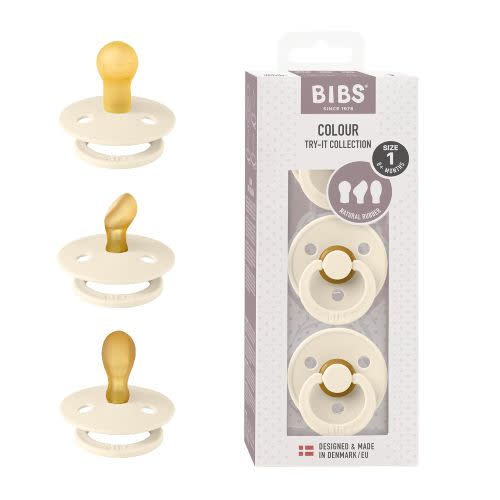 BIBS Pacifiers 0-6 Months | 3-Pack Soothers | BPA-Free Symmetrical Nipple | Made in Denmark | Ivory Try-It Collection (Baby Blue)