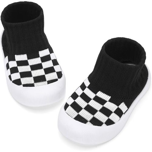BACSAC Baby Boy Girl Sock Shoes Infant & Toddler Walking Shoes High Top with Knitted Checkered Upper Anti Collision Non-Slip Design Elastic Breathable for Indoor Outdoor 6-36 Months