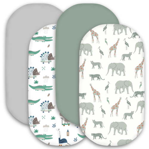 Plushii Bassinet Sheets for Baby Boys Girls 4 Pack, 33" x 18" Soft Bassinet Fitted Sheet, Bedside Sleeper Bassinet Sheets Fit for Oval Rectangle and Hourglass Bassinet Mattress (Safari)
