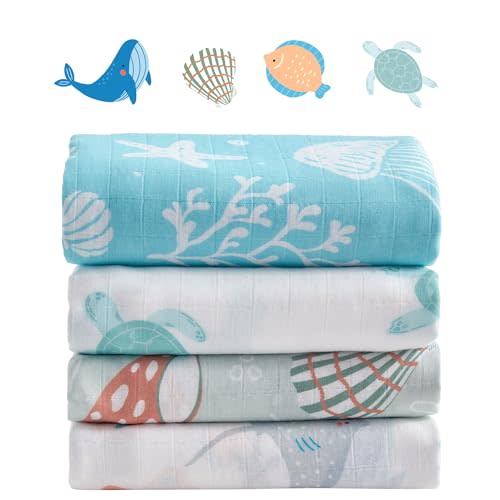 Baby Swaddle Blankets, Bamboo Muslin Receiving Blanket | 4-Pack, 47" x 47", Lightweight & Breathable Blanket for Swaddling, Stroller & Everyday Use (Ocean Print)