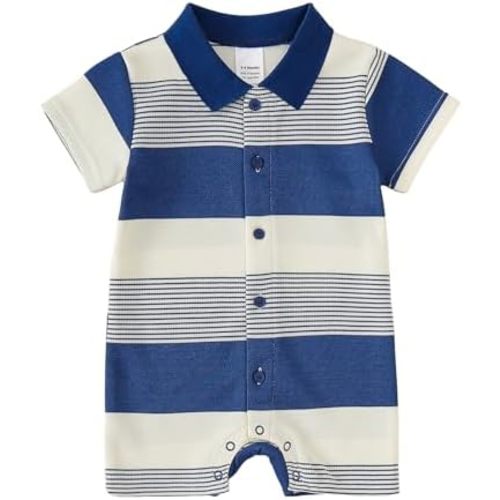 DEFAHN Baby Boy Polo Striped Rompers Pique Short Sleeve Collared Gentleman Outfit One Piece Summer Infant Clothes 0-24 Months