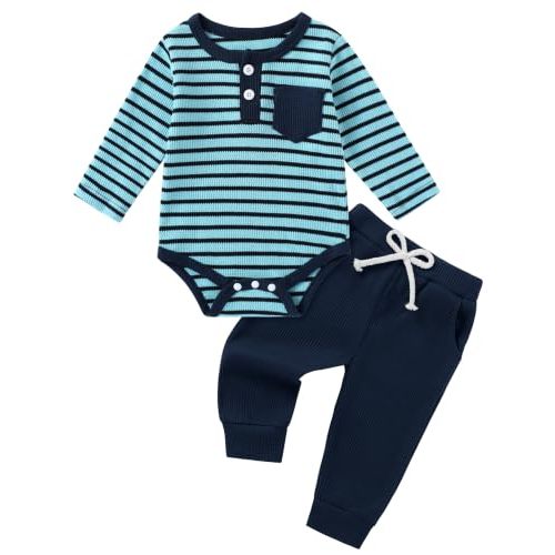 ZOEREA Baby Boy Clothes Outfits 0-24 Months Newborn Infant Fall Winter | Soft, Cute Long Sleeve Buttons Rompers, Crew Neck, Elastic Waist Pants, Spring, Preemie Toddler Little Kids, gift, 2 Pcs