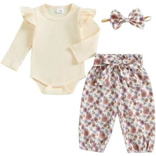 Mubineo Baby Girl Clothes Cute Outfits Ruffle Romper Flower Tops Pant Set Infant Long Sleeve Fall Winter Newborn Outfit