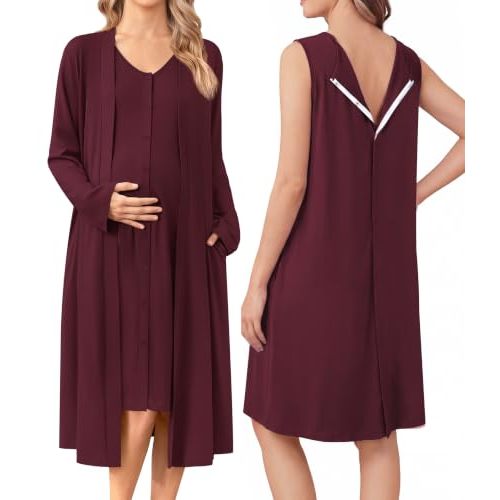 Ekouaer Labor and Delivery Gown and Robe Set for Hospital Nursing Nightgown | Open Back Birthing Gown, Maternity Nursing Pajamas Dress Breastfeeding, Button C Section Postpartum Clothes